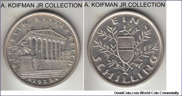 KM-2840, 1925 Austria schilling; silver, reeded edge; first of the three year type, toned extra fine or about.
