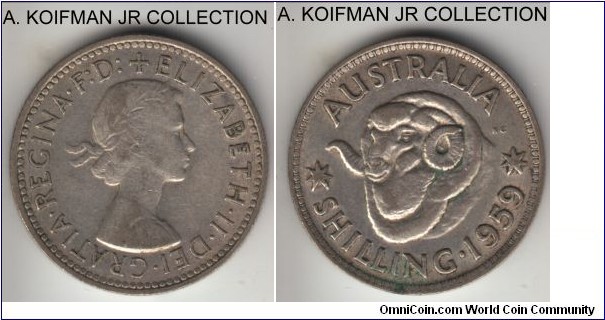 KM-59, 1959 Australia shilling; silver, reeded edge; Elizabeth II, later years, common and average circulated, very fine to good very fine.
