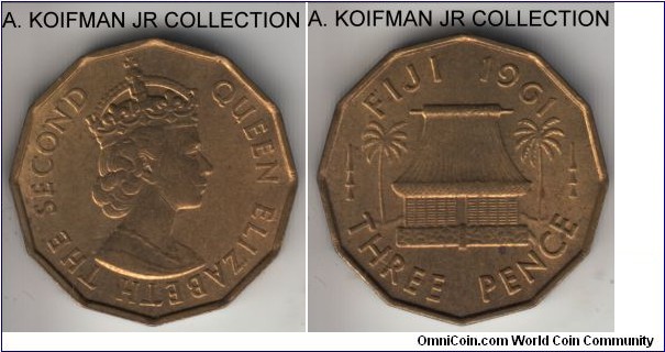 KM-22, 1961 Fiji 3 pence; nickel-brass, plain edge, 12-sided flan; Elizabeth II, lightly toned pleasant uncirculated.