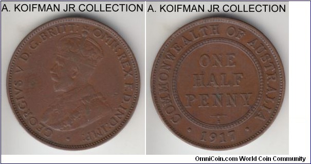 KM-22, 1917 Australia half penny, Calcutta mint (I mint mark); bronze, plain edge; early George V coinage, decent looking very fine to good very fine.