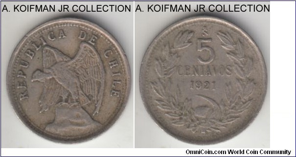 KM-165, 1921 Chile 5 centavos; copper-nickel, plain edge; well circulated, good fine or so.
