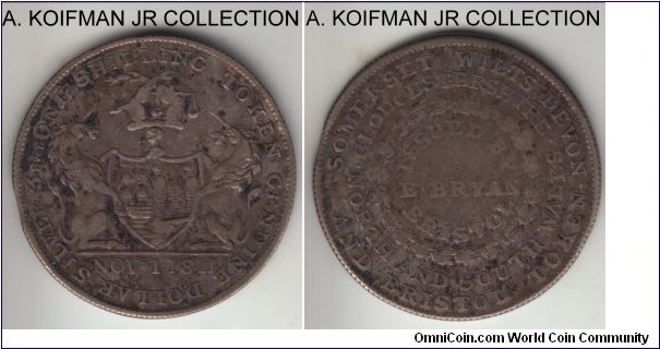 Dalton 21, 1811 Great Britain Somersetshire Bristol shilling token; silver, straight reeded edge; E. BRYAN, very good to fine, clipped flan.