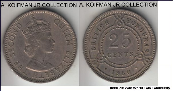 KM-29, 1960 British Honduras 25 cents; copper-nickel, reeded edge; Elizabeth II, scarce, key year of the type, small mintage of 50,000, lightly circulated, extra fine or about.
