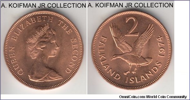 KM-3, 1974 Falkland Islands 2 pence; bronze, plain edge; Elizabeth II, first year of the issue for possession and the type, smaller mintage of 72,000, red uncirculated.