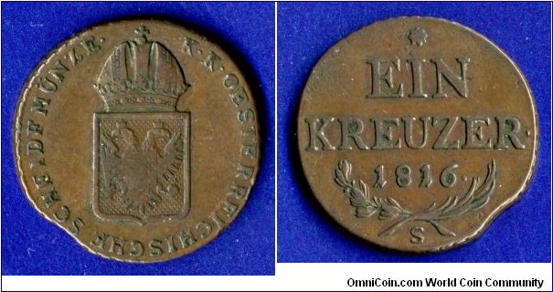 1 kreuzer.
Austrian empire.
Franc I (1791-1835).
*S* - Schmolnitz mint.


Cu.