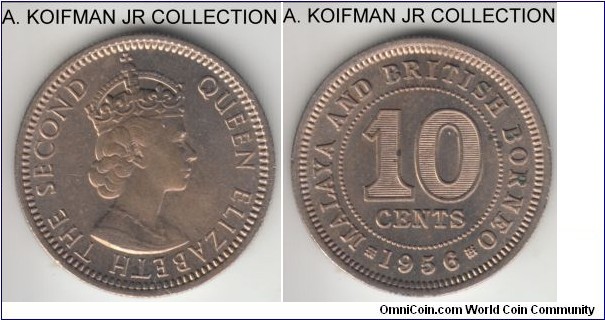 KM-2, 1956 Malaya and British Borneo 10 cents, Royal mint (no mint mark); copper-nickel, reeded edge; early Elizabeth II coinage, nice uncirculated, a few carbon dots on reverse.
