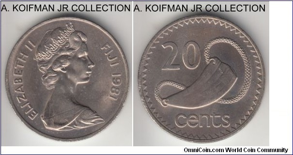 KM-31, 1981 Fiji 20 cents; copper-nickel, reeded edge; first decimal type, decent uncirculated grade.