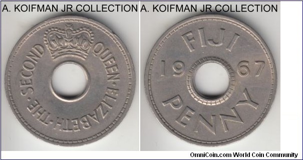 KM-21, 1967 Fiji penny; copper-nickel, plain edge; Elizabeth II, toned average uncirculated or almost.
