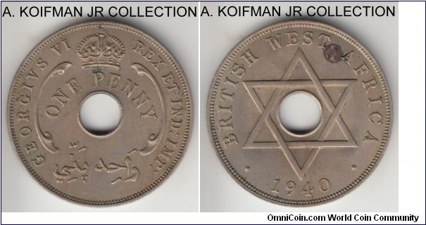 KM-19, 1940 British West Africa penny, Royal mint (no mint mark); copper-nickel, plain edge; George VI war time, uncirculated for wear but dirty and a stain spot on reverse.