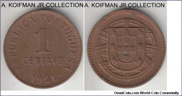 KM-565, 1921 Portugal centavo; bronze, plain edge; early Republican coinage, scarce date, mostly brown with just a little red underneath, about uncirculated to uncirculated.