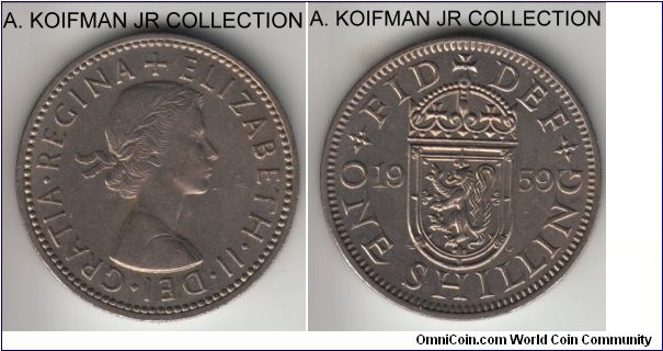 KM-905, 1959 Great Britain shilling; copper-nickel, reeded edge; Elizabeth II, Scottish crest reverse, scarce mintage of just over a million, more common type 2 reverse, high almost uncirculated grade.