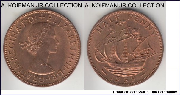 KM-896, 1959 Great Britain half penny; bronze, plain edge; Elizabeth II, mostly red uncirculated.