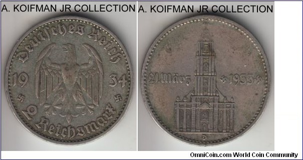 KM-81, 1934 Germany (Third Reich) 2 reichsmark, Munich mint (D mint mark); silver, lettered edge; Potsdam garrison church 1-year circulation commemorative, average circulated, very fine or about.