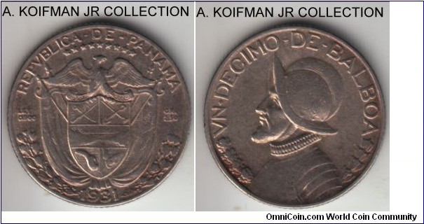 KM-10.1, 1930 Panama decimo (1/10) balboa; silver, reeded edge; average circulated, about very fine.