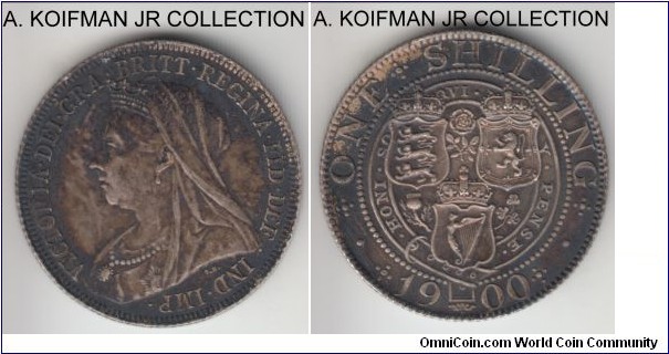 KM-780, 1900 Great Britain shilling; silver, reeded edge; last Victoria type, dark toned, good very fine to extra fine.