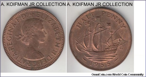 KM-896, 1955 Great Britain half penny; bronze, plain edge; earlier Elizabeth II, red brown uncirculated.