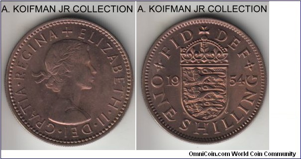KM-904, 1954 Great Britain shilling; copper-nickel, reeded edge; Elizabeth II, English crest type, nice better grade uncirculated.