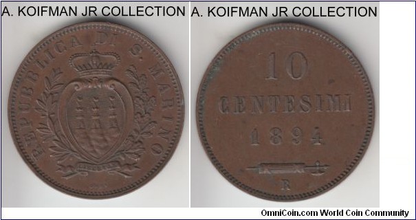 KM-2, 1894 San Marino 10 centesimi; copper, plain edge; first type, brown extra fine or almost, a tiny edge bump on reverse.