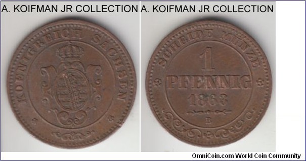 KM-1216, 1863 German State Saxony pfennig, Dresden (B mint mark); copper, plain edge; Johan, King of Saxony, small copper coin in light brown extra fine condition.