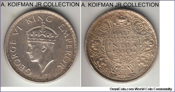 KM-550a, 1940 British India half rupee, Bombay mint (dot mint mark); silver, reeded edge; George VI, good extra fine to about uncirculated with some pleasant toning.