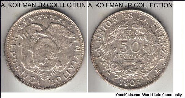 KM-175.1, 1905 Bolivia 50 centavos, Potosi mint (PTS in monogram, MM assayer; silver, reeded edge; uncirculated but ypically poorly struck - weak obverse strike, extra metal on obverse and part of the collar is gone creating almost smooth edge section.