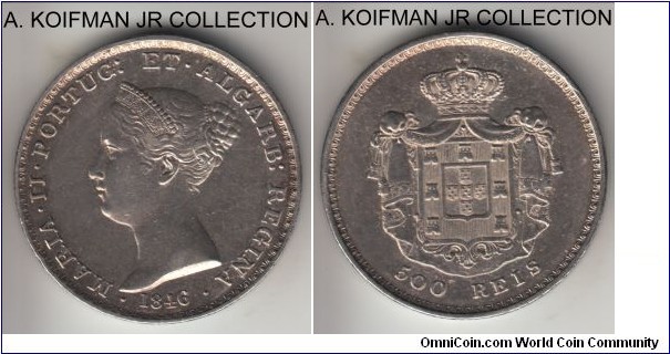 KM-471, 1846 Portugal 500 reis; silver, reeded edge; Maria II, more common year of the scarce type, mintage 74,000, extra fine to good extra fine, cleaned.