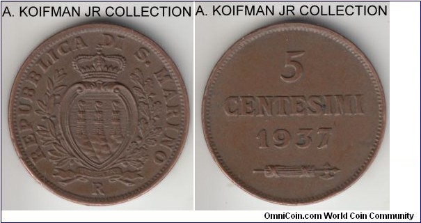 KM-12, 1937 San Marino 5 centesimi, Rome mint (R mint mark); bronze, plain edge; smaller mintage, light brown about uncirculated.