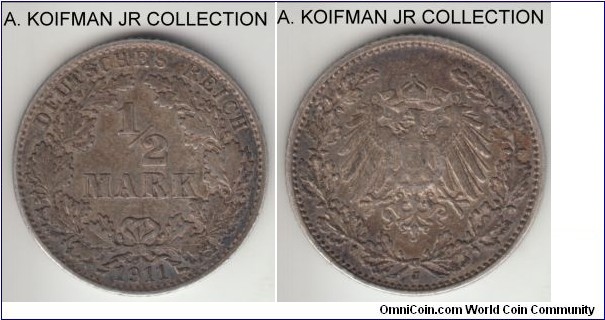 KM-17, 1911 Germany (Empire) 1/2 mark, Hamburg (J mint mark); silver, reeded edge; Wilhelm II, smaller mintage year/mint, toned decent very fine or better grade.