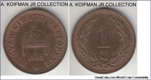 KM-480, 1902 Hungary (Austro-Hungarian Empire) filler; bronze, plain edge; Franz Joseph I, common year, good extra fine to almost uncirculated.