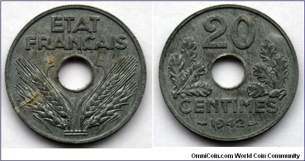 Vichy French State 20 centimes. 1942, Zinc