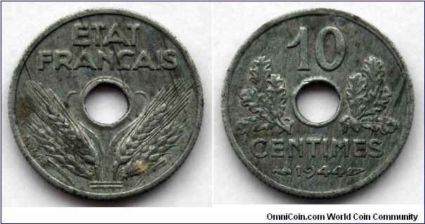 Vichy French State 10 centimes. 1944, Zinc