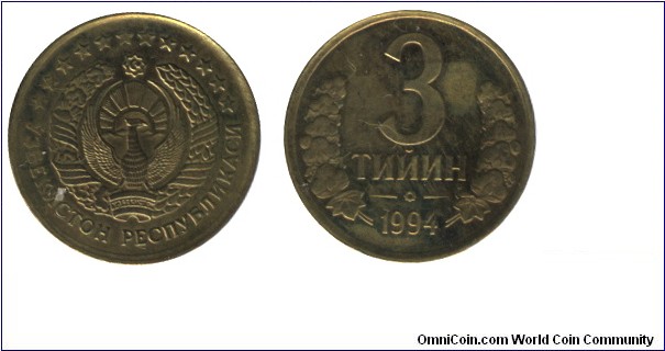 Uzbekistan, 3 tijin, 1994, Brass-Steel, 19.9mm, 2.7g.