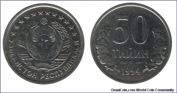 Uzbekistan, 50 tijin, 1994, Ni-Steel, 23.9mm, 4.8g.