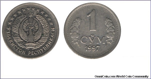 Uzbekistan, 1 som, 1997, Ni-Steel, 19mm, 2.8g.