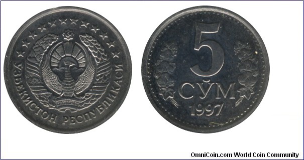 Uzbekistan, 5 som, 1997, Ni-Steel, 4g.