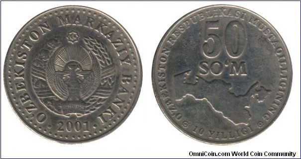 Uzbekistan, 50 som, 2001, Ni-Steel, 26.2mm, 8g, Map relief.