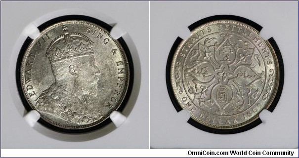 Kg Edward Straits Settlements 1 Dollar 
Composition: Silver (.900)
Weight: 20.21 g
Diameter: 34.3 mm
Thickness: 2.5 mm
Edge Type: Reed