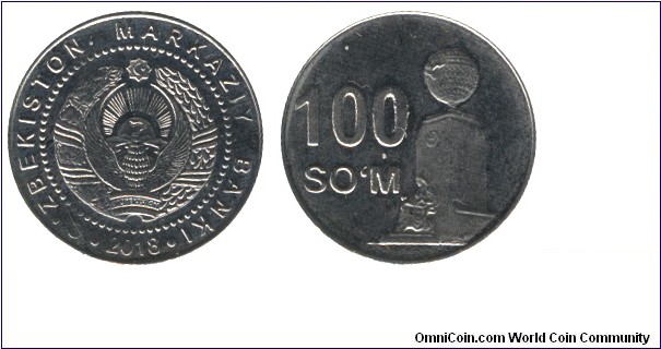 Uzbekistan, 100 som, 2018, Independence Monument.