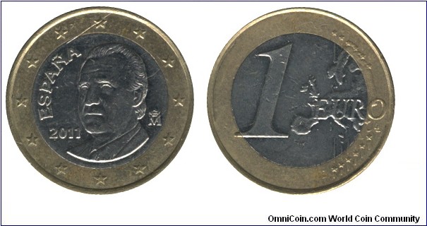 Spain, 1 euro, 2011, Ni-Brass-Cu-Ni, 23.25mm, 7.5g, King Juan Carlos.