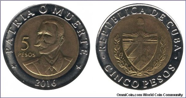 Cuba, 5 pesos, 2016, Jose Marti, Patria o Muerte.