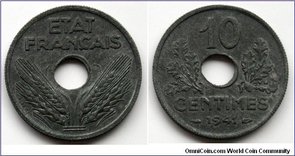 Vichy French State 10 centimes. 1941, Zinc