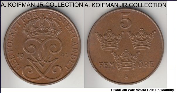 KM-779.2, 1941 Sweden 5 ore; bronze, plain edge; Gustaf V, common coin, nice brown uncirculated.
