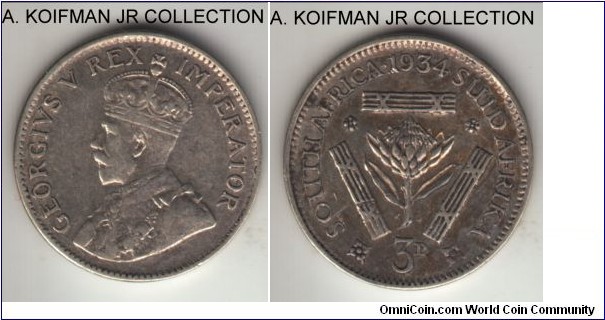 KM-15.2, 1934 South Africa (Dominion) 3 pence; silver, plain edge; late George V, last type, very fine, possibly cleaned.
