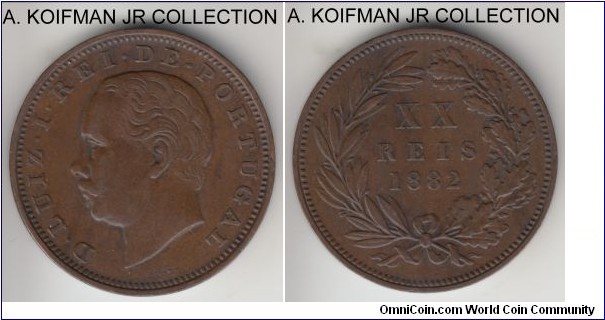KM-527, 1882 Portugal 20 reis; bronze, plain edge; Luiz I, minted in large quantities but scarce in decent grades, brown very fine to good very fine.
