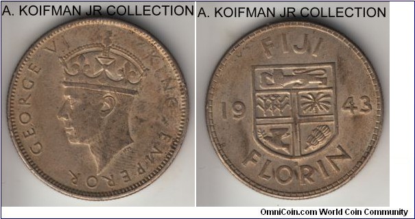 KM-13a, 1943 Fiji florin, San Francisco mint (S mint mark); silver, reeded edge; George VI war time issue minted in the US, toned extra fine or so, weak strike as leopard face is flat.