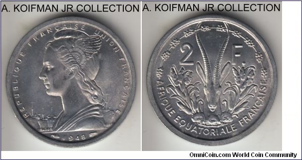 KM-7, 1948 French Equatorial Africa 2 francs; aluminum, plain edge; bright white uncirculated.