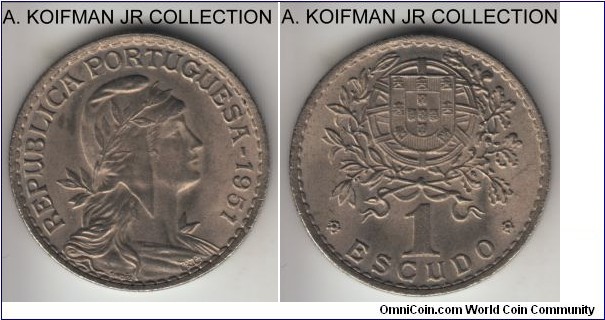 KM-578, 1951 Portugal escudo; copper-nickel, reeded edge; average uncirculated.