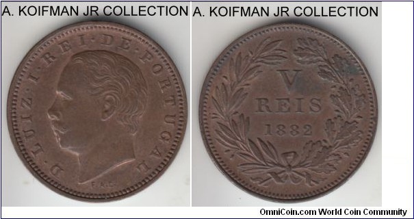 KM-525, 1882 Portugal 5 reis; bronze, plain edge; Luiz I, nice brown uncirculated or almost.