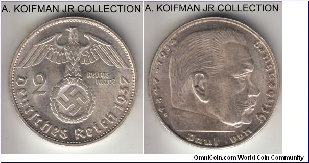 KM-93, Germany (Third Reich) 2 reichsmark, Karlsruhe mint (G mint mark); silver, lettered edge; nice bright uncirculated, small spot by Hindenburg ear.