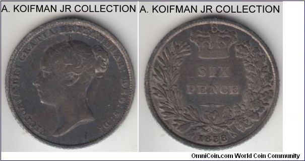 KM-733.1, 1838 Great Britain 6 pence; silver, reeded edge; Victoria first type and first year of the rule, dark toned fine or about.